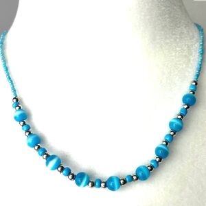 Necklace Blue Cat’s Eye Glow Stone & Seed Bead Necklace